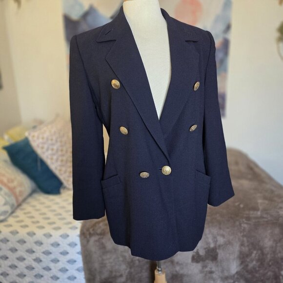 Linda Allard Ellen Tracy Blazer Women’s 8 Navy Wool Double Breasted Gold - Picture 7 of 16